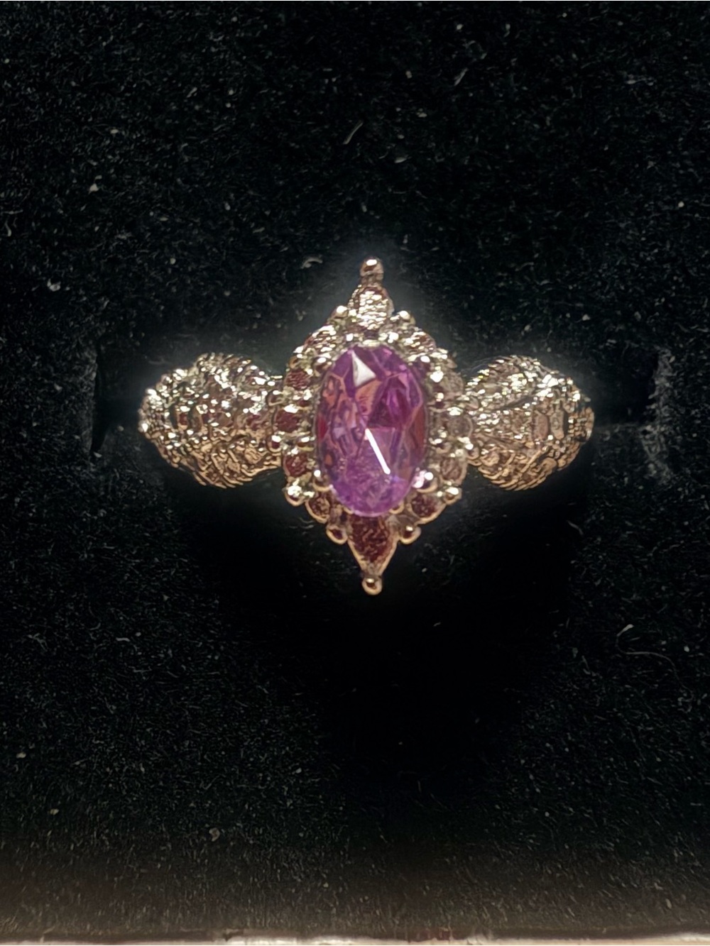 Silver-Tone Ring with Purple Oval Center Gem